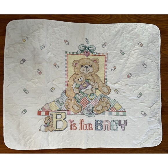 Janlynn Cross Stitched Finished "B is for Baby" Bear Quilt Blanket 31" X 40" VTG - Picture 1 of 5